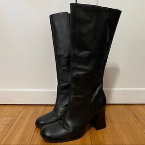 Vintage knee-high square toed black leather boots with a chunky heel
